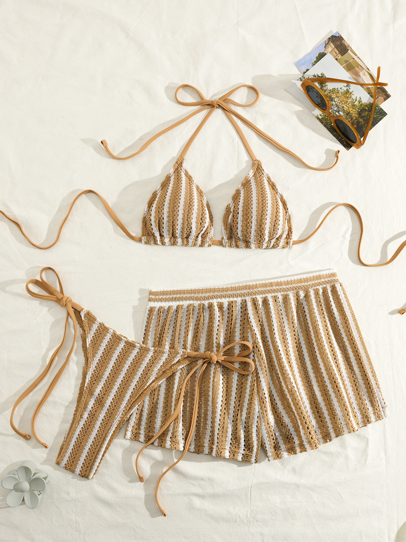 Transfronterizo de punto de malla a rayas split pantalones de baño femenino trenzado bikini bohemio de tres piezas