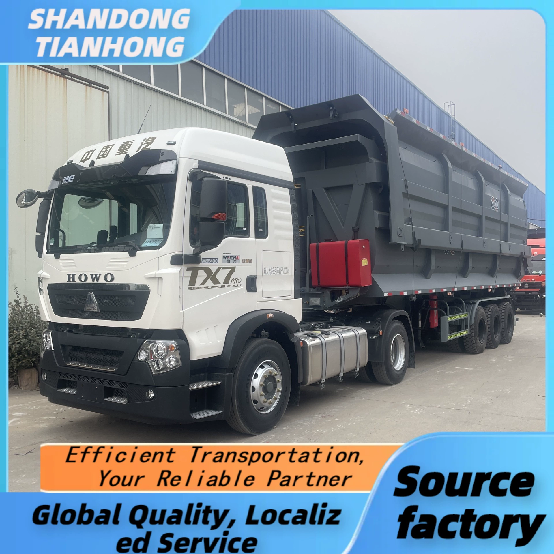 Производство на заводе-изготовителе, трансграничная поставка в Африку, Центральную Азию, на Ближний Восток: U-образный задний опрокидывающийся полуприцеп для перевозки песка и гравия, 3 оси.