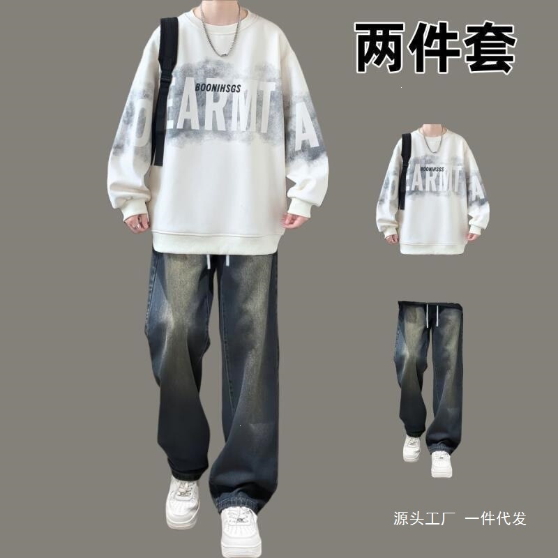 Autumn and winter trendy brand hoodie set for men and teenagers, complete outfit with straight-leg jeans, men's two-piece student set Autumn and winter trendy brand hoodie set for men and teenagers, complete outfit with straight-leg jeans, men's two-piece student set