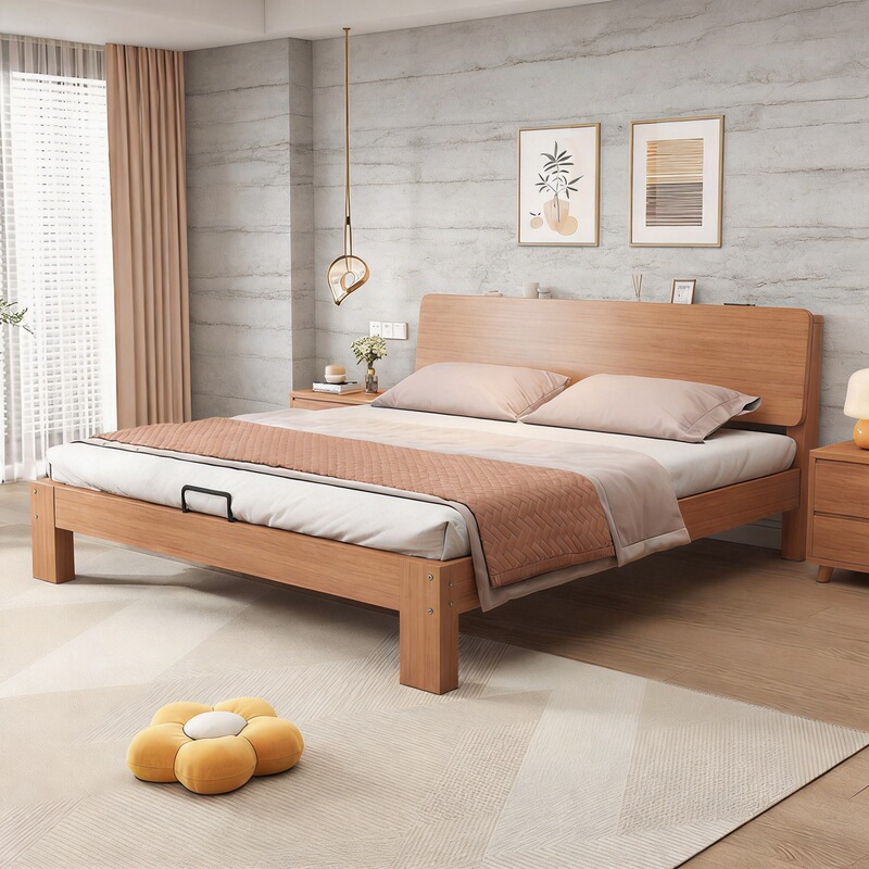All Solid Wood Bed 1.8m Double Bed Home Oak Bed 1.5m Tatami Large Bed Rental Room 1.2m Single Bed Frame