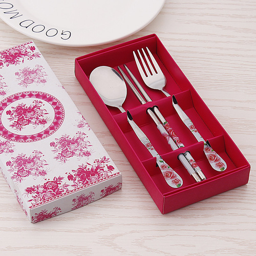 Stainless steel portable tableware set of spoon, chopsticks, and fork (trio) - Blue and white porcelain tableware - Student outdoor travel utensil gift