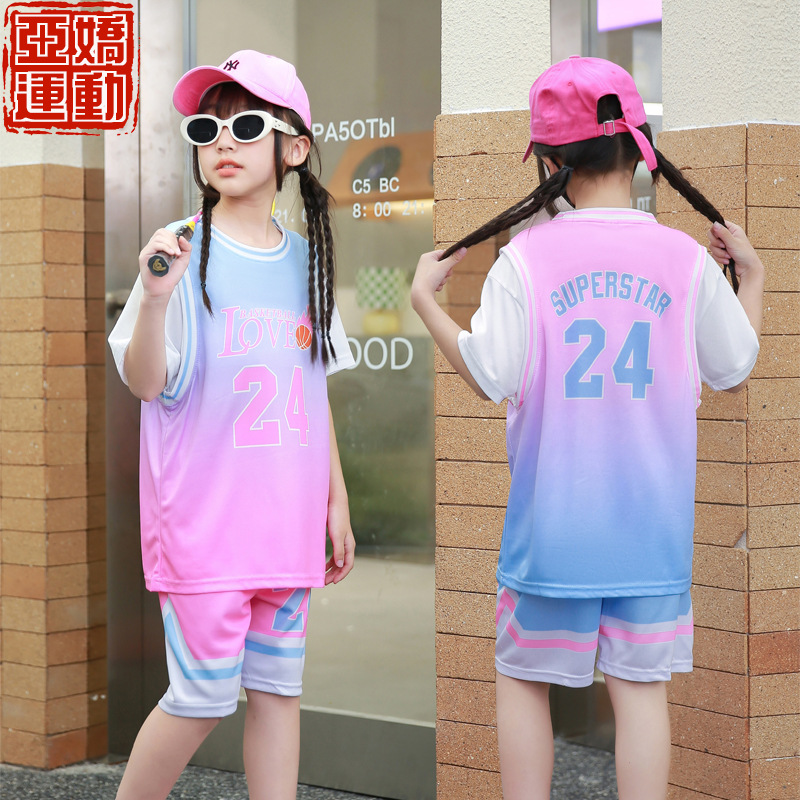 Children's short-sleeved basketball clothes suit girls' summer fake two-piece campus performance clothes primary school students' sports training clothes Jersey