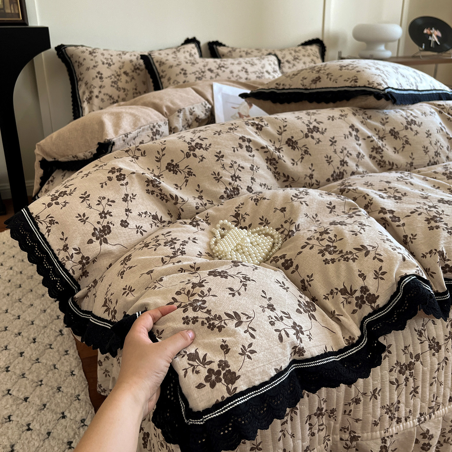 Conjunto de cama de quatro peças em algodão, modelo 2026, com estampa vintage nórdica francesa boho._voghion.com