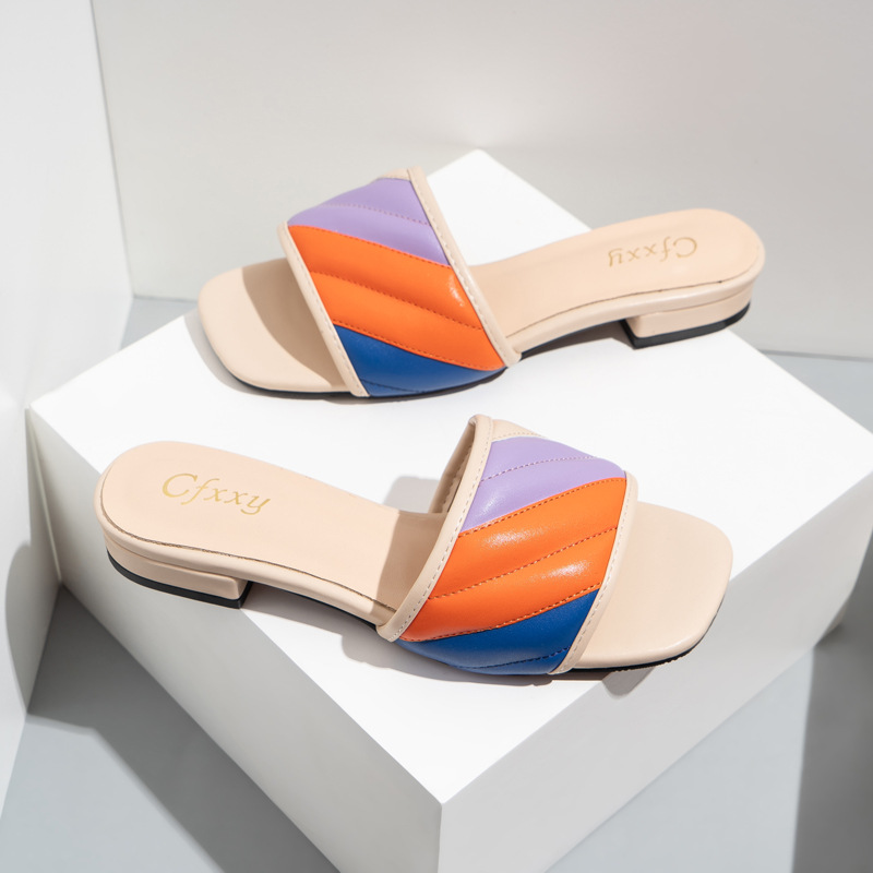 Pantofole con tacco ricamato in filo colorato a blocchi di colore Pantofole basse spesse estive con tutti i tacchi abbinati_voghion.com