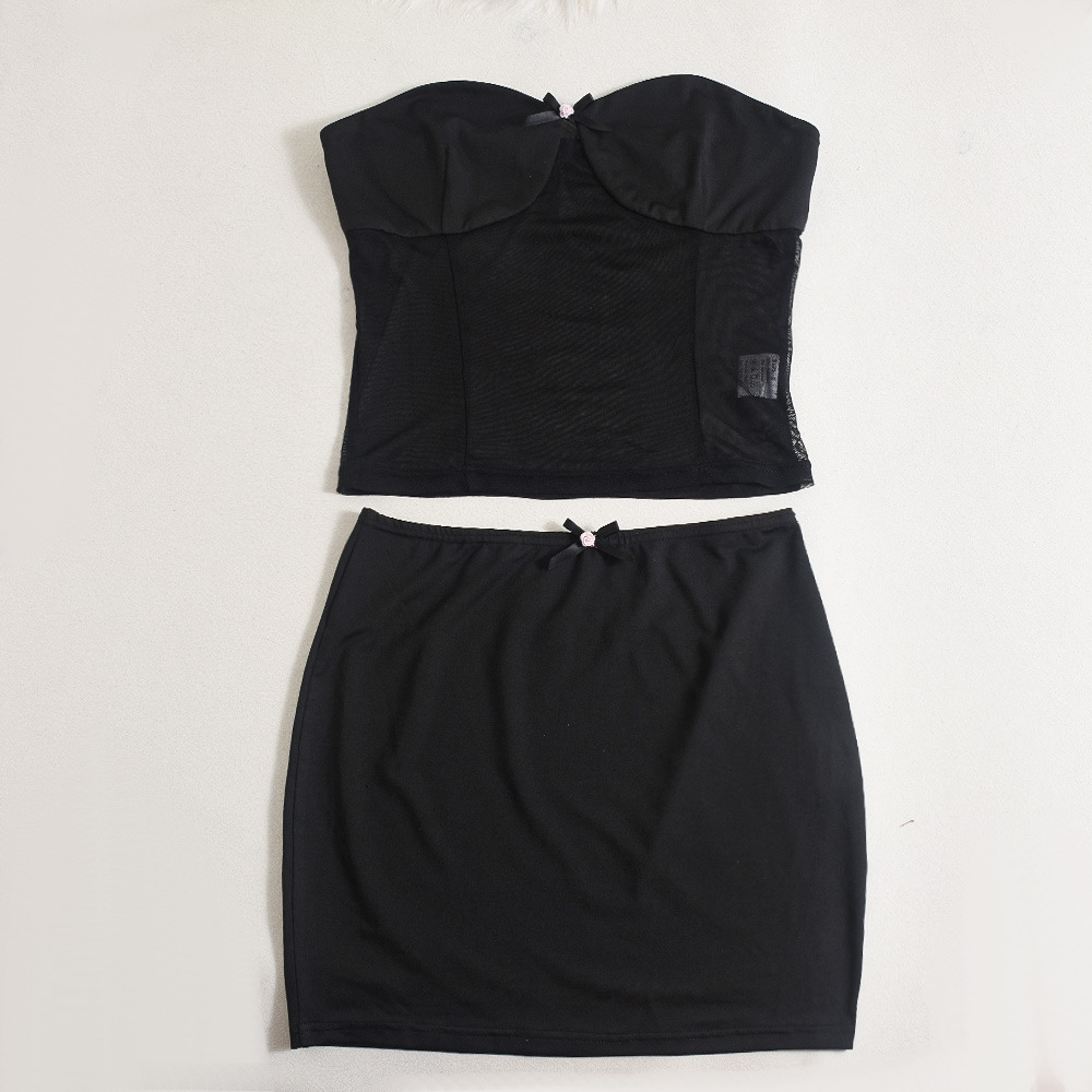 Women Clothing Chest Wrapped Skirt Fashionable See through Sexy Patchwork Two Piece Sets Women