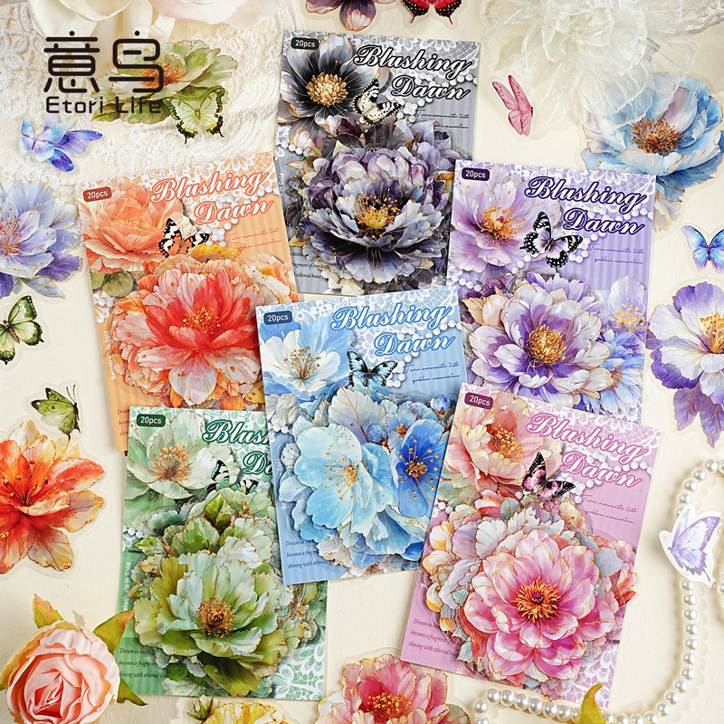 Yiniao Multi-Size Pet Sticker Pack, Gold Floral Series, 20 Floral-Themed Material Stickers for Scene Creation, 6 Options to Choose from