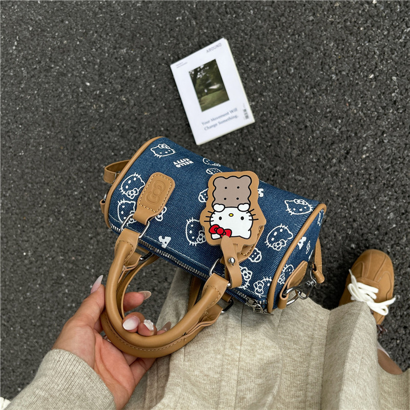Hello Kitty Denim Bowling Bag Satchel New Cute Biscuit Kitty Print Fashionable Versatile Crossbody Bag Hello Kitty Denim Bowling Bag Satchel New Cute Biscuit Kitty Print Fashionable Versatile Crossbody Bag