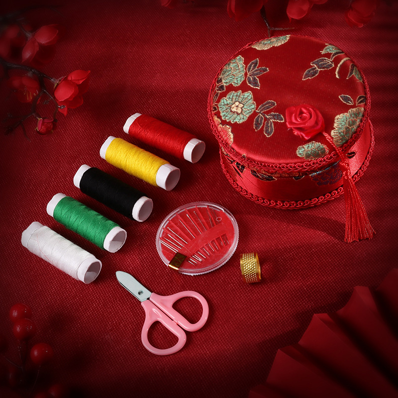 Caja de aguja de boda, set de dote de mujer, aguja doméstica portátil rojo festivo, almacenamiento de artículos de boda