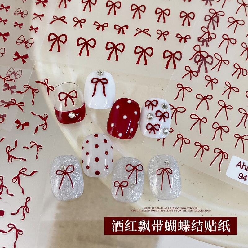 Burgundy French Bow Nail Art Stickers Internet Celebrity Popular Ribbon Bow Tie New Year Red Nail Stickers Accessories Burgundy French Bow Nail Art Stickers Internet Celebrity Popular Ribbon Bow Tie New Year Red Nail Stickers Accessories