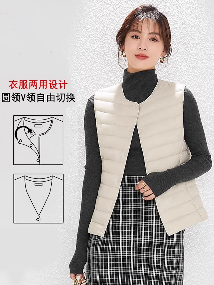 Otoño plumado ligero damas no cuello V chaleco blanco chaleco interior de caballo clip de hombro con chaqueta de base