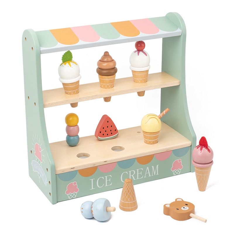 Simulación de madera helado estante de venta de dulces barril tienda de juguetes de madera helado para niños