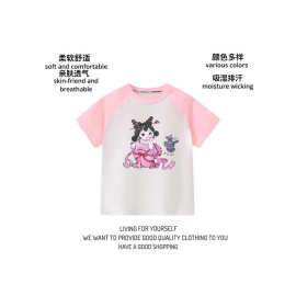 新款100%纯棉儿童创意卡通石矶娘娘拼接短袖哪吒洋气撞色打底T恤