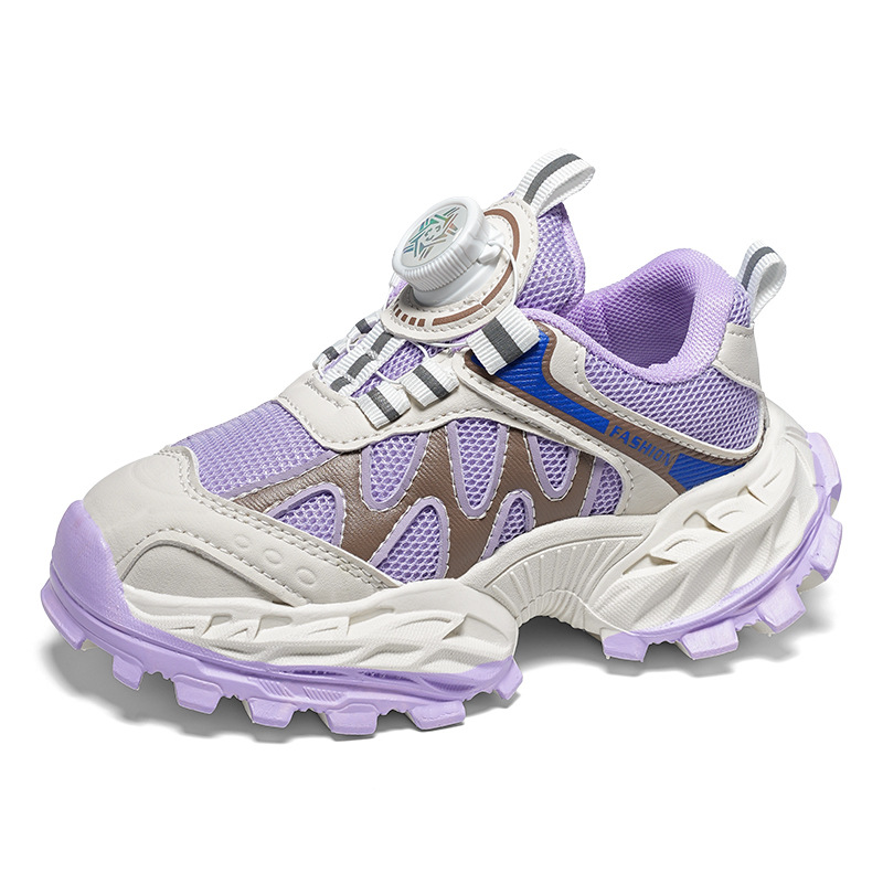 Zapatos deportivos para niños, zapatos casuales de botón giratorio de malla para niñas, otoño 2025 nuevos zapatos de corrida para niños