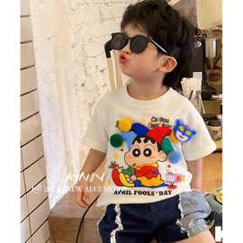 儿童夏季卡通立体玩偶小新印花T恤男女童半袖吸汗透气童趣短袖