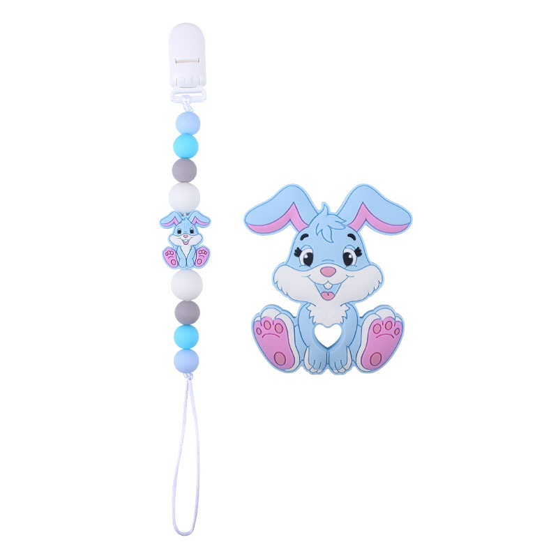 Amazon nuevo bebé suministros de dibujos animados conejo de silicona juguete mordedor pezón anti-gota cadena molar traje