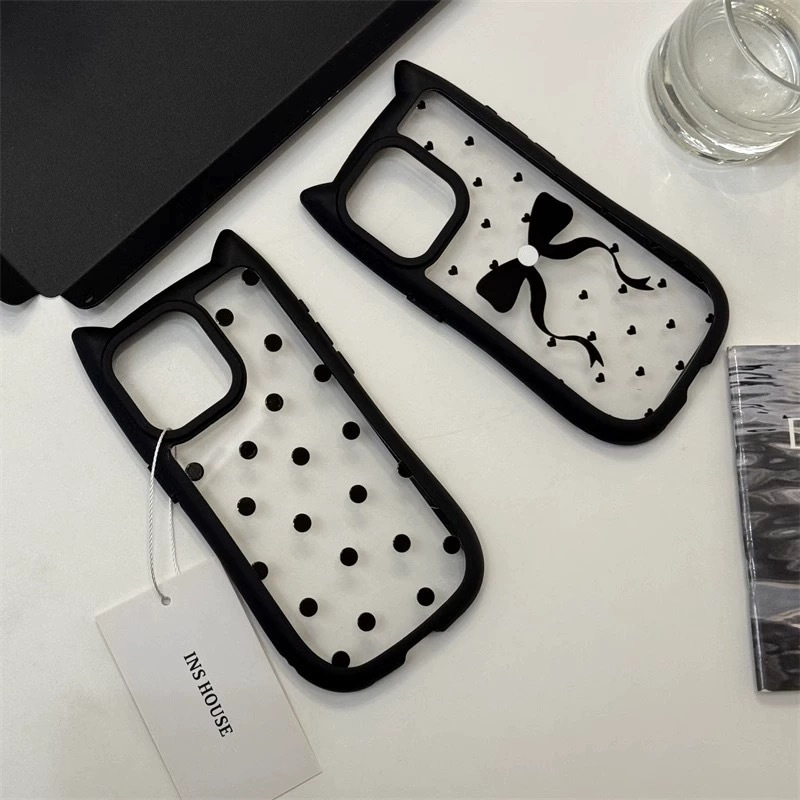 Ins Black Small Wave Dot Apple 15promax Mobile Phone Case iPhone14 Cat Ear 13/12 Transparent 11 Silicone