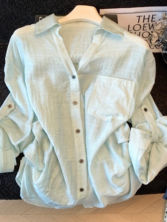 Áo sơ mi chống nắng nữ dài tay dáng rộng chất liệu linen thoáng mát — xanh lam