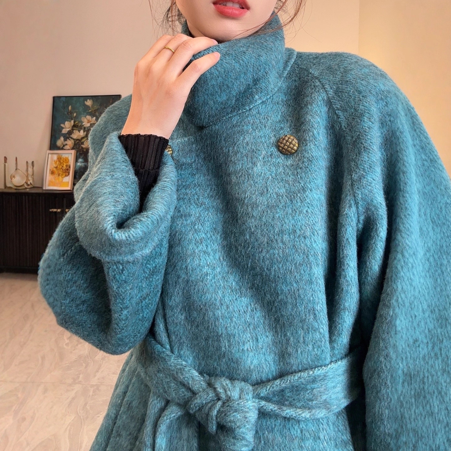 2025 New Autumn and Winter Thick Wool Long Coat Blue Elegant Classic Cloak Winter Double-Sided Woolen Outwear for Women