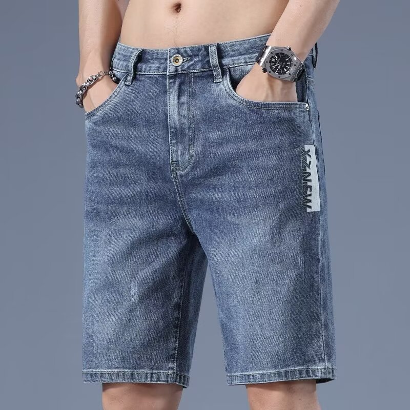 Light Color Denim Shorts Men's Summer Thin Loose Straight Ice Silk Medium Pants 2024 New Stretch Five-point breeches