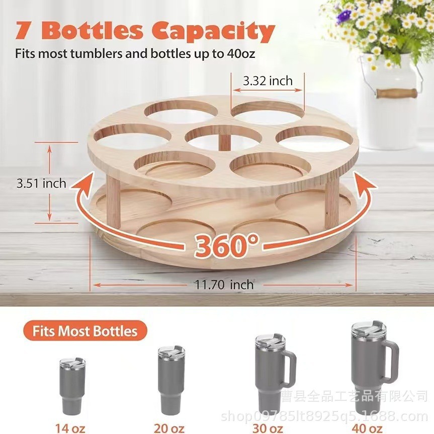 Estante de botella de agua de madera, encimera, soporte de almacenamiento de taza de agua giratoria, soporte de exhibición de base de taza de agua de rejilla múltiple, acabado de madera maciza