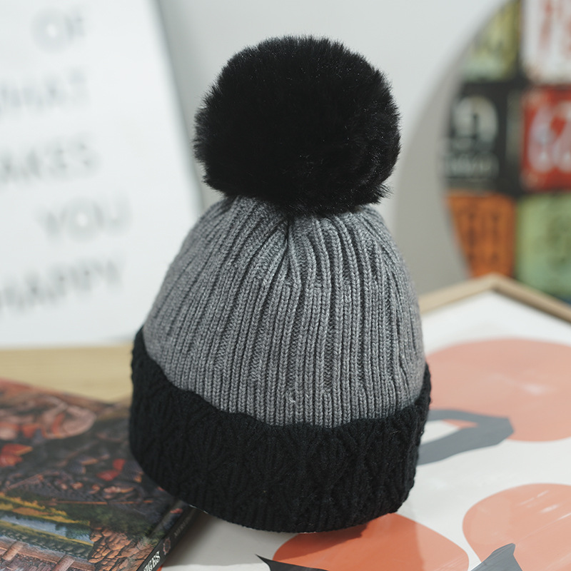 Winter Women's With Fleece Lining, Thickened And Warm Knitted Hat, Foreign Trade Cross-Border Pom-Pom Color-Block_voghion.com