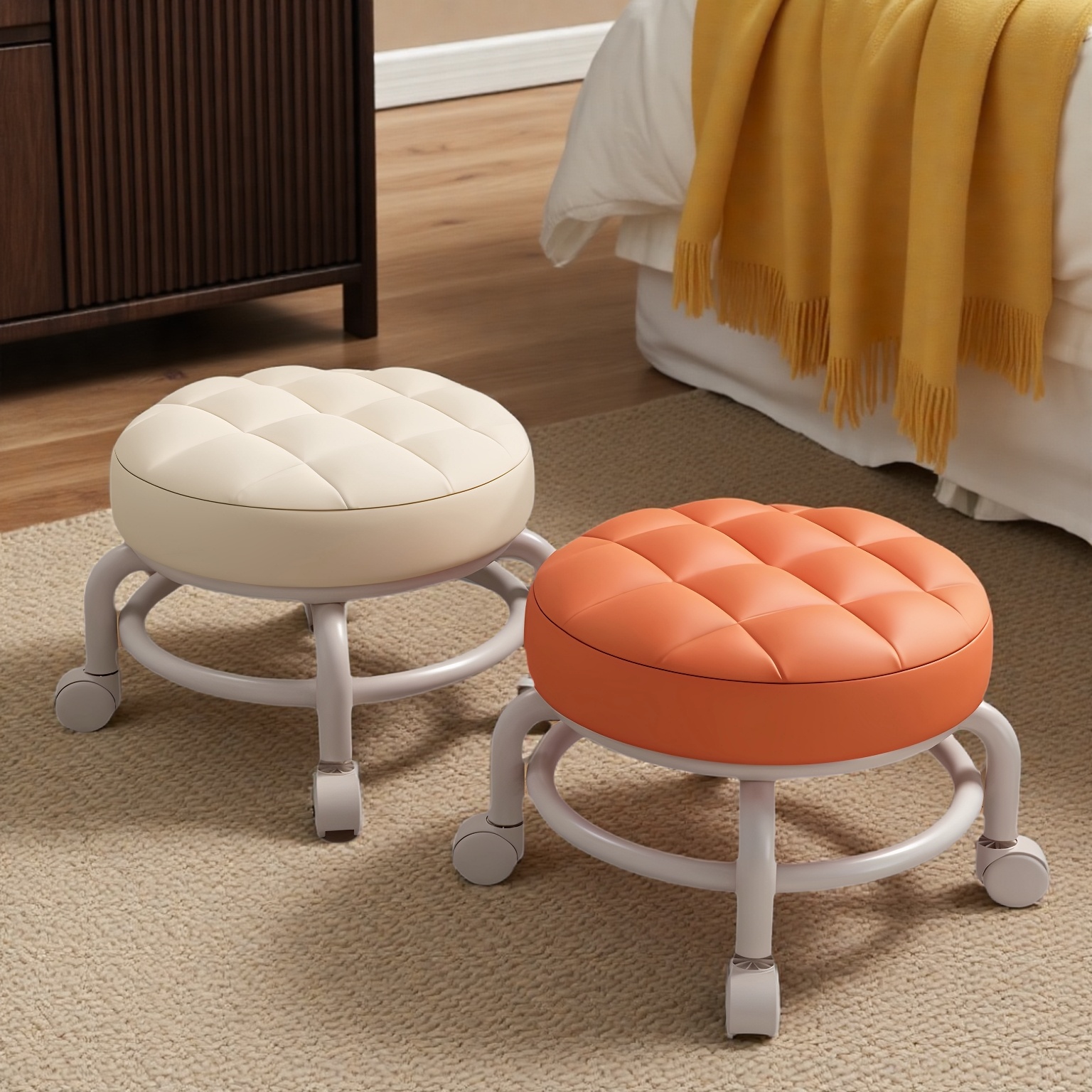 Swivel Small Stool with Wheels, Movable Household Low Stool, Baby Care Tool, Children's Living Room Seam-Beautifying Coffee Table Stool, Caster Board Stool