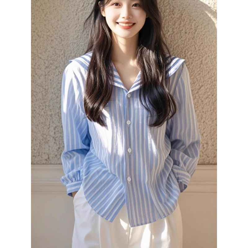 French Blue Striped Navy Collar High-end Long-sleeved Shirt Dopamine High-end Sense Temperament Small Top Women's Early Autumn