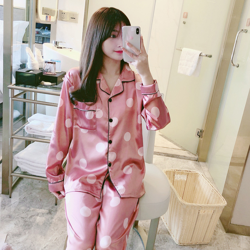 대외 무역 새로운 실크 잠옷 여성의 봄과 가을 캐주얼 긴 소매 여성의 아이스 실크 홈 의류 세트 도매