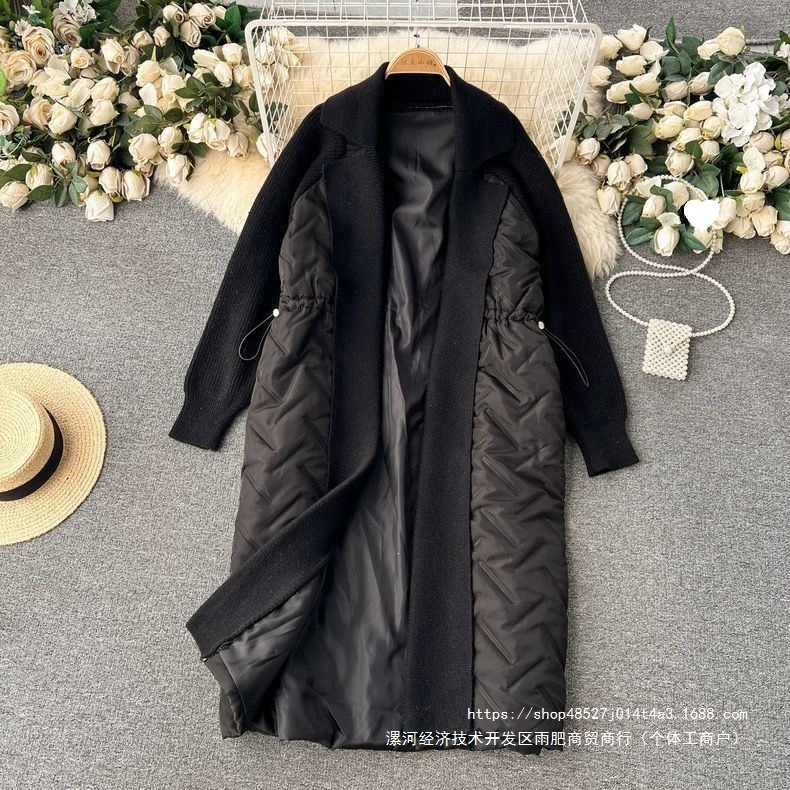 大码拼接棉服女西装领中长款秋冬洋气百搭宽松慵懒风针织风衣外套