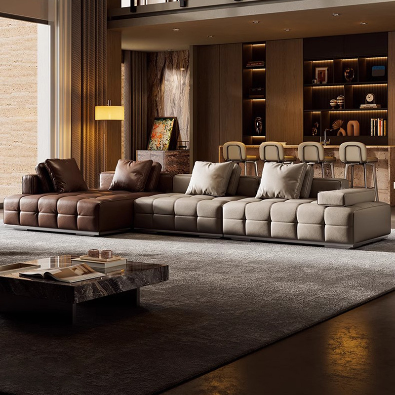 Sofá de cuero genuino de Lawrence, sala de estar minimalista italiana, casa de piso plano, esquina de cuero de vaca, combinación de sofá VIP.