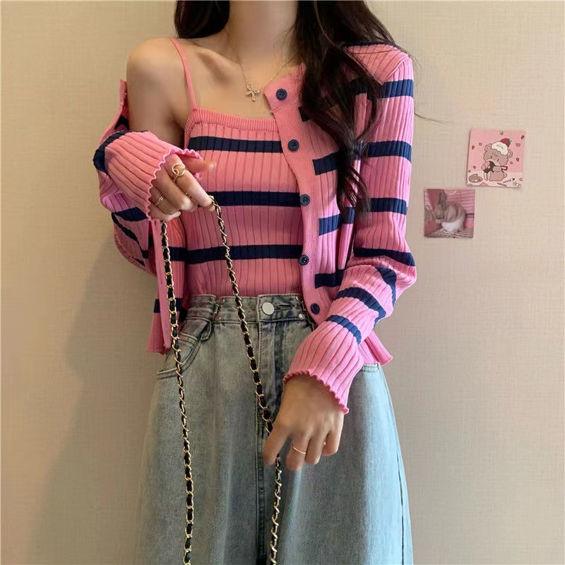 81g Weight Long Sleeve Sleeve Length Single Breasted Placket Type Ice Silk, Polyester Fabric Type Short Top Length Knitwear Tops Type Daily Occasion Round Neck Neckline Slim Fit Type Stripe Pattern Spring, Autumn Season Women's Gender Casual Style Wholesale Women's Ice Silk Polyester Casual Stripe Long Sleeve Sweaters & Cardigans 21