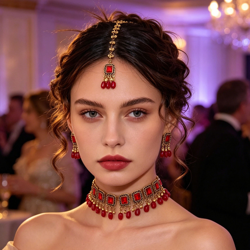 Factory Direct Sales of New Cross-Border Fashion Jewelry Sets, Indian Ethnic Style Tassel Necklaces, Earrings, and Eyebrow Pendants
