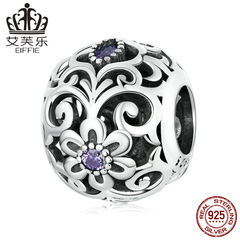 艾芙樂純銀s925古典花紋串珠手鍊 紫色鋯石簡約鏤空紋路珠子配飾