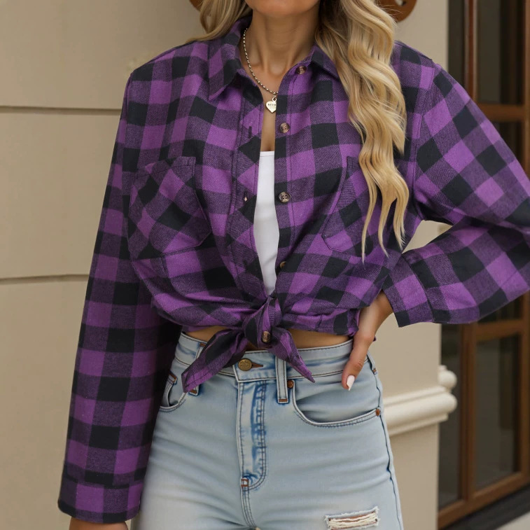 Cross-Border Exclusive Supply of Flannel Long Plaid Shirts for Women, Cardigans, College-Style French High-End Tops