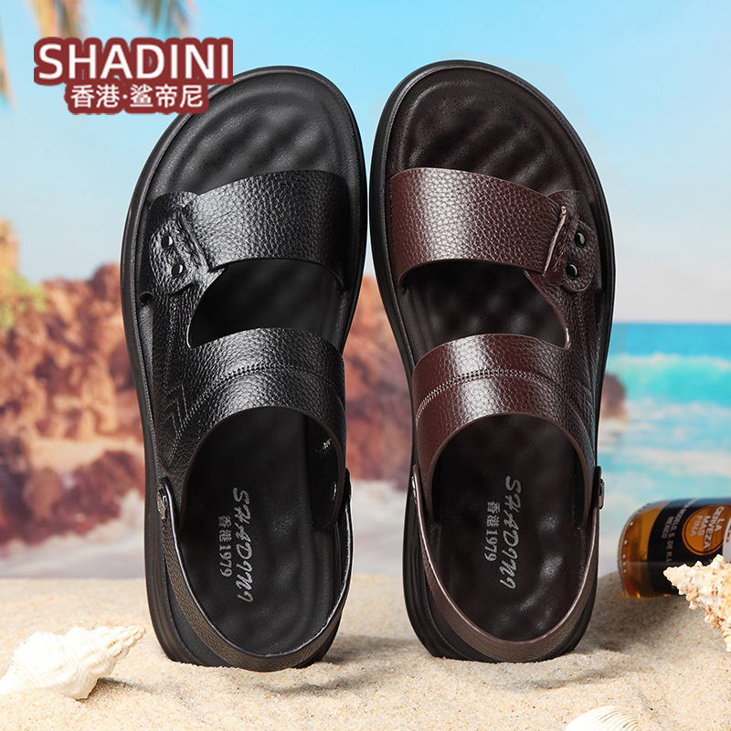 【頭層牛皮】涼鞋男夏季新款休閒兩穿沙灘鞋男士真皮開車涼鞋男潮
