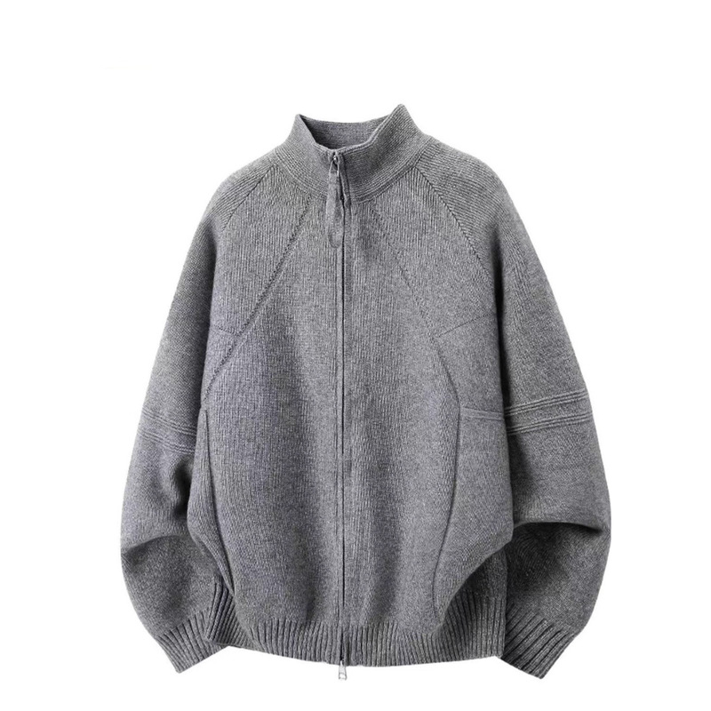 Autumn and Winter Lazy Style Simple Versatile Solid Color Heavy Zipper Casual Loose Sweater Melard Knit Stand Collar Cardigan