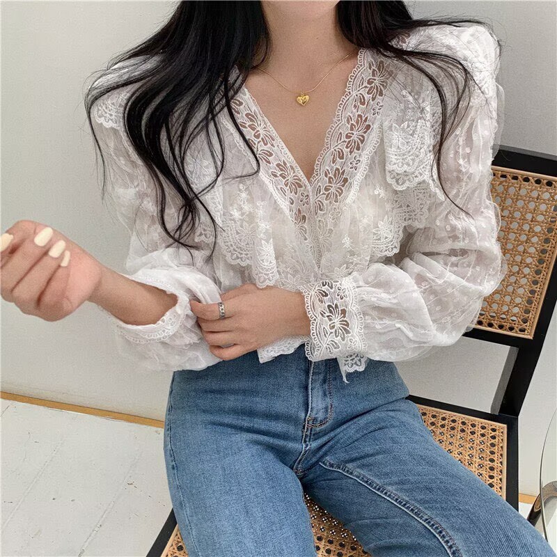 2026 New Spring First Love Lace Hand-Sewn Shirt with Pearls, Multi-Layered, Unique and Stylish Puff Long-Sleeve Versatile Top