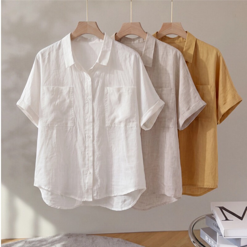 Artistic Linen Short-Sleeve Shirt for Women, Summer Simple Loose Fit with Turn-Down Collar, Lightweight Casual White Elegant Top Artistic Linen Short-Sleeve Shirt for Women, Summer Simple Loose Fit with Turn-Down Collar, Lightweight Casual White Elegant Top