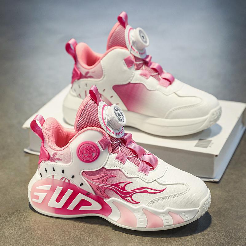 2025 primavera moda zapatos deportivos para niños superficie de cuero botones giratorios resistentes al desgaste zapatos de baloncesto ligeros de todo fósforo para niños y niñas