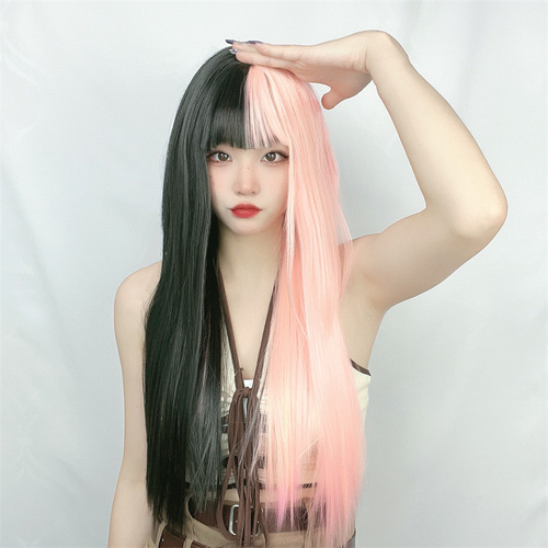Kuaishou supply wig female air bangs long straight hair black pink color combination yin and yang color wig full headgear factory direct sale