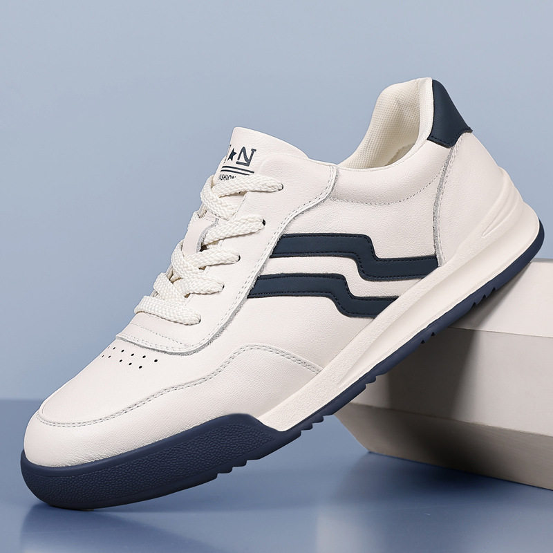 Giày sneaker nam da bò thật phối màu tương phản, cổ thấp, đế bệt — Màu trắng, Màu đen