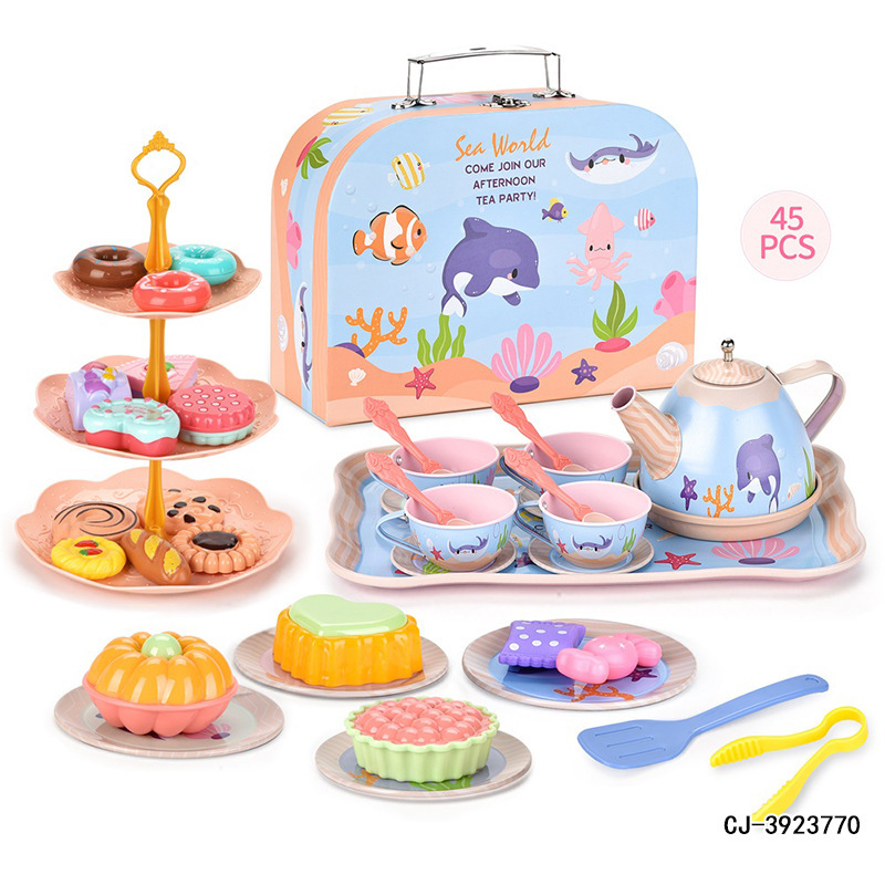 ままごと子供用アフタヌーンティーデザートセットピンク花ブリキケーキ海洋茶器ギフトセット|undefined