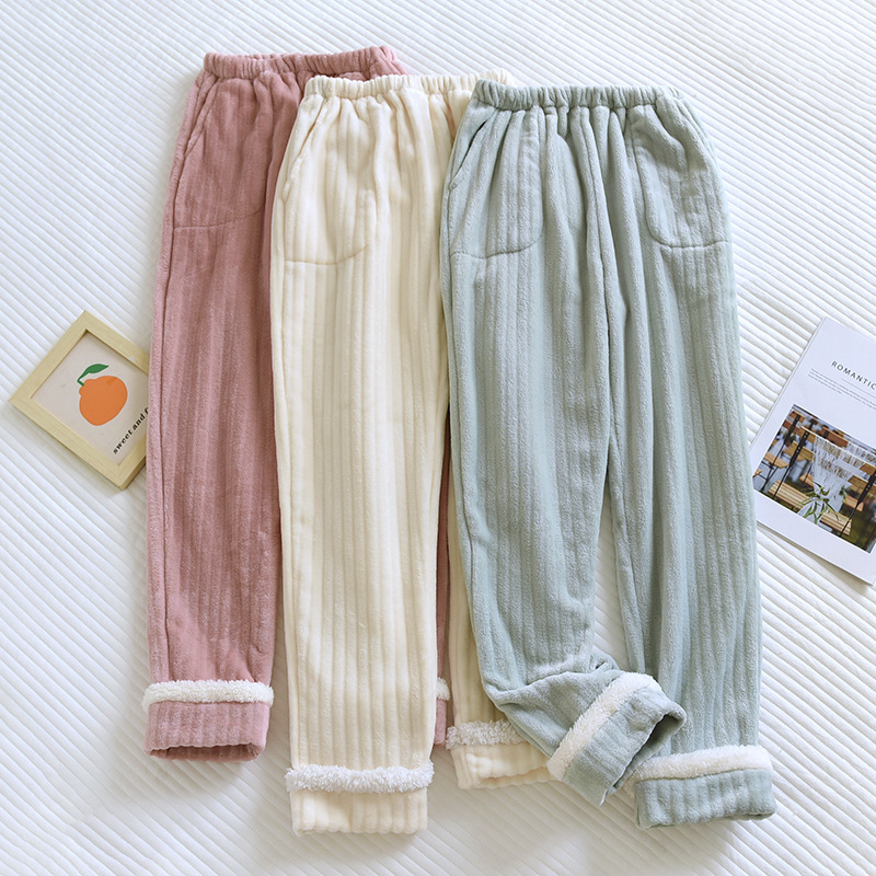Autumn and Winter coral fleece pit stitching trousers women's fairy warm pants flannel casual home warm pajama pants