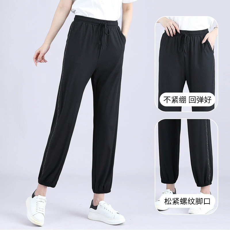 Летние дышащие свободные прямые брюки больших размеров с эластичной талией и защитой от морщин, повседневная одежда для женщин среднего и пожилого возраста с длинными рукавами