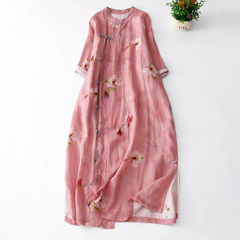 Discount Store Big-Name Brand Clearance Sale New Chinese-Style Ramie Qipao Dress Retro Floral Loose Cotton-Linen Dress