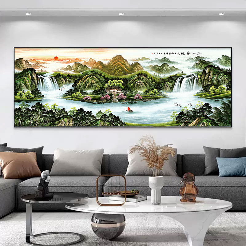 客厅挂画新中式聚宝盆靠山山水画办公室酒店样板间沙发背景墙画