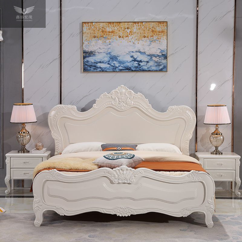 Cama de madera maciza de estilo europeo directamente de fábrica, cama doble clásica americana tallada, cama de matrimonio de 1.8 metros, cama grande, venta al por mayor.