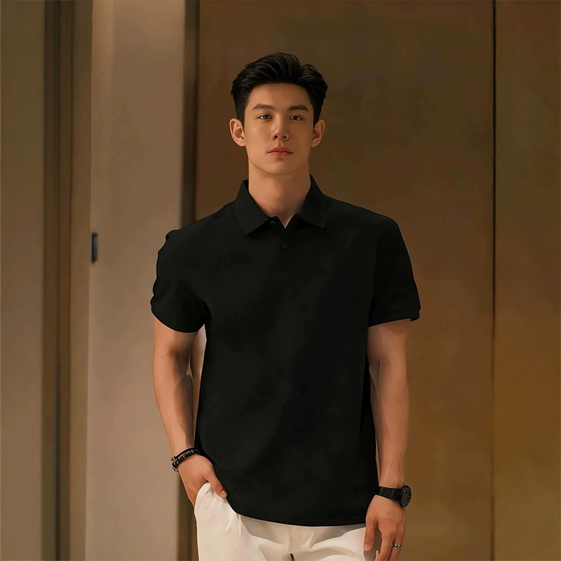 Black Straight-Shoulder Short-Sleeve Men's Polo Shirt, Summer Minimalist Style, Cool and Mature, Slim Fit, Heavy-Duty Turn-Down Collar T-Shirt
