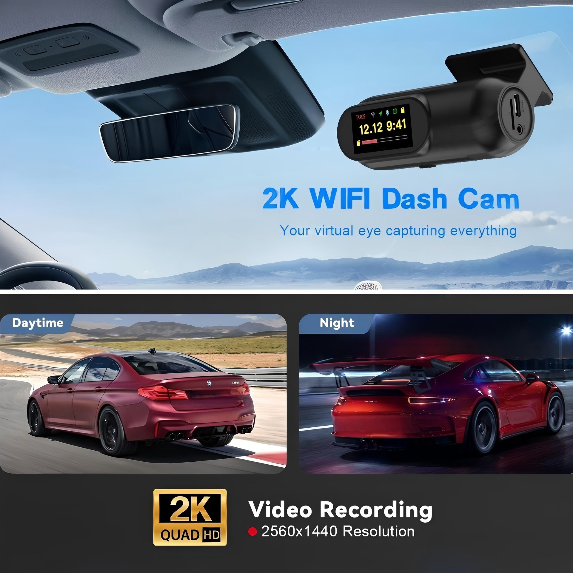 Cross-Border 2.5K High-Definition Hidden Single-Lens Dash Cam with Wifi Time-Lapse Recording and Gps Tracking