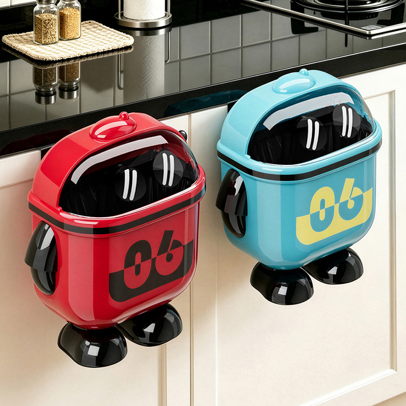 Cartoon Space Bear Decorative Wall-Mounted Trash Can with Flip Lid, Stylish Kitchen Waste Bin, Home Storage Bin